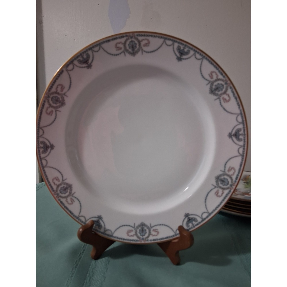 Haviland Limoges‎ France Porcelain Dinner Plate Blue Swag Pink Ribbon Gold Trim